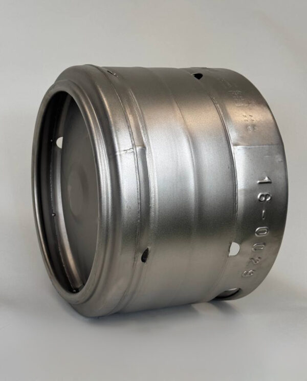 Angled side view of refurbished 20L Euro stackable stainless steel beer keg