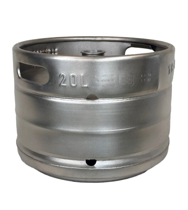 Front view of a refurbished 20L Euro stackable stainless steel beer keg for breweries