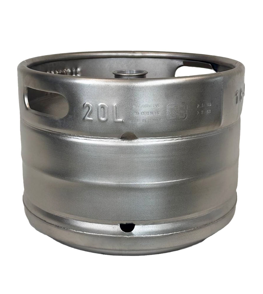 Front view of a refurbished 20L Euro stackable stainless steel beer keg for breweries