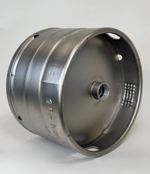 Horizontal side view of 20L Euro stackable stainless steel beer keg
