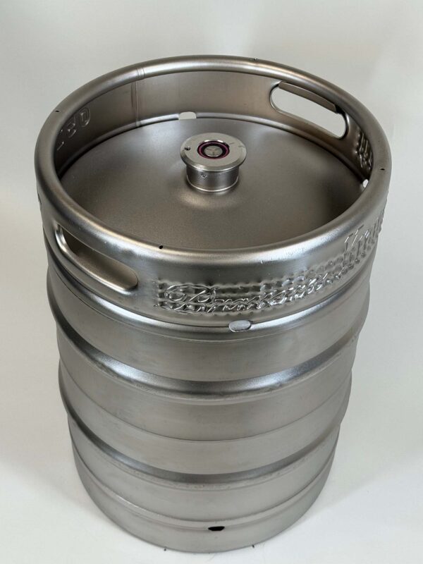 Top view of refurbished 50L Euro non-stackable stainless steel beer keg with Euro fitting