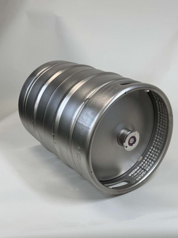 Side view of 50L Euro non-stackable stainless steel keg, refurbished and pressure-tested