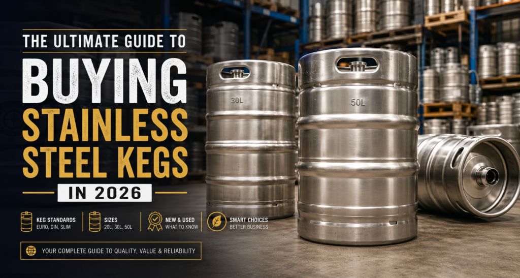 Rows of stainless steel beer kegs in a European warehouse illustrating the ultimate guide to buying stainless steel kegs in 2026.